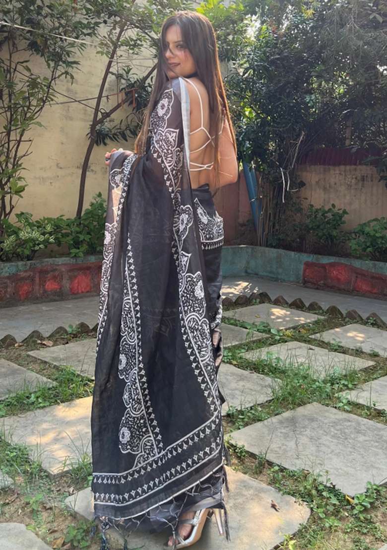 Black Printed Cotton Linen Saree Set - Indya