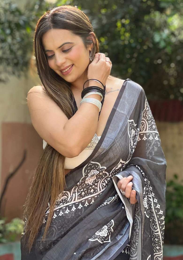 Black Printed Cotton Linen Saree Set - Indya