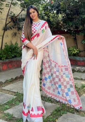 White Printed Cotton Linen Saree Set