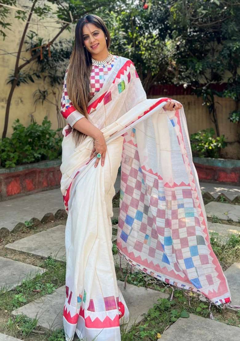 White Printed Cotton Linen Saree Set - Indya