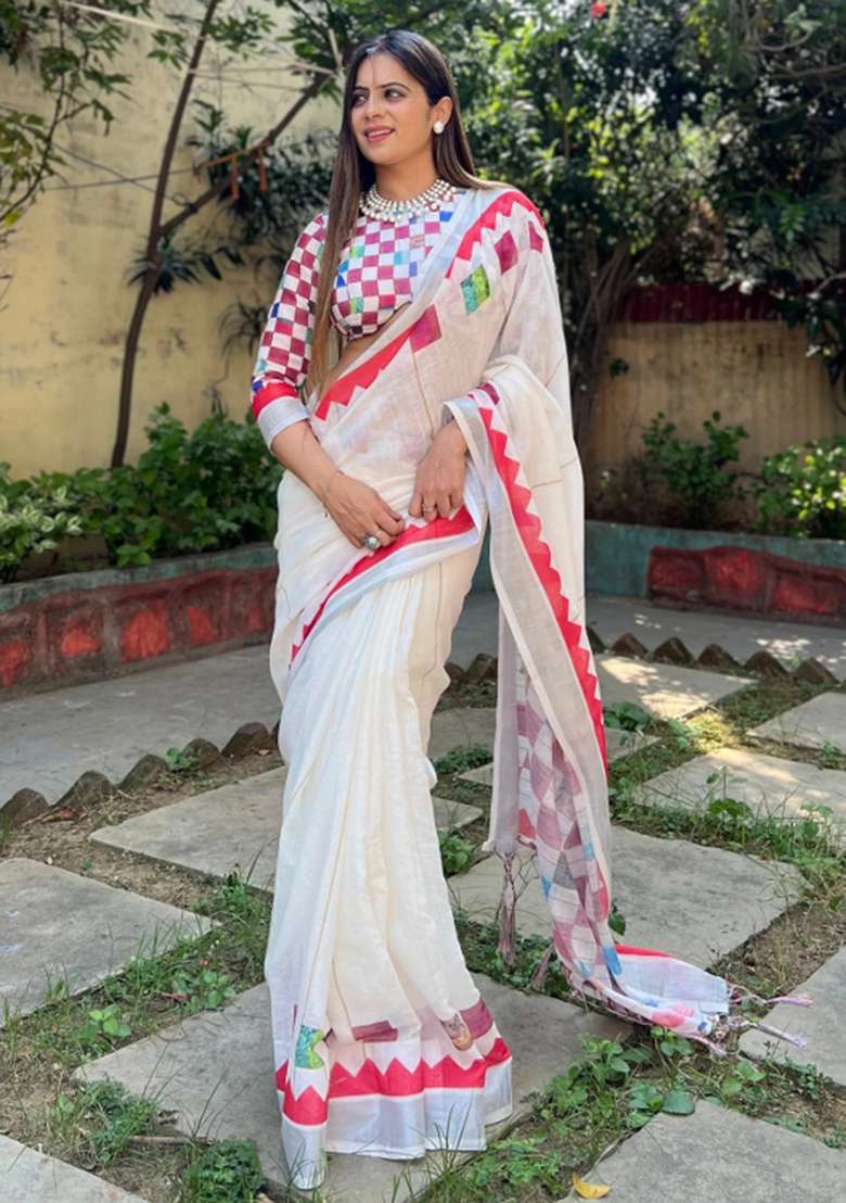 White Printed Cotton Linen Saree Set - Indya