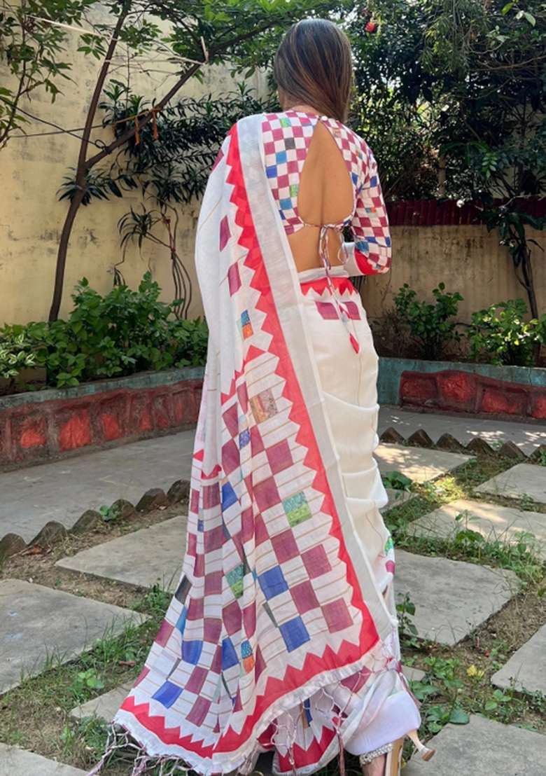 White Printed Cotton Linen Saree Set - Indya