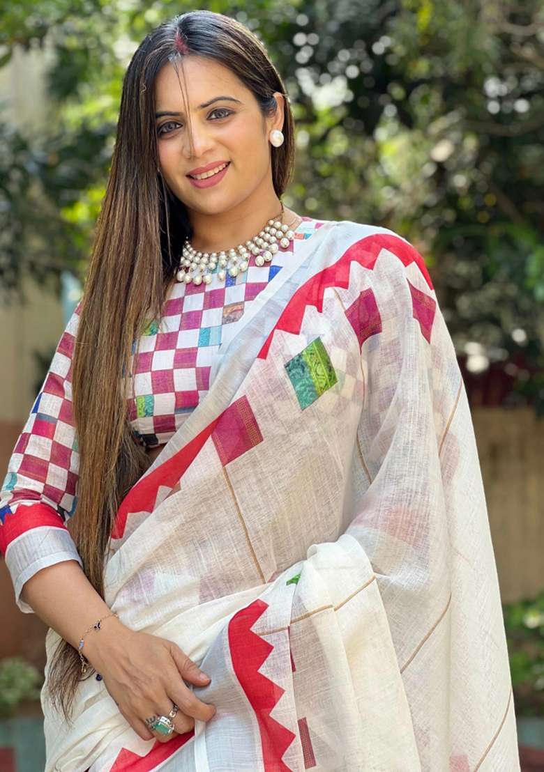 White Printed Cotton Linen Saree Set - Indya