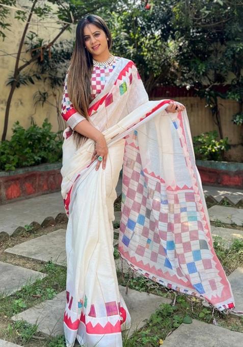 White Printed Cotton Linen Saree Set