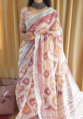 Pink Printed Cotton Linen Saree Set