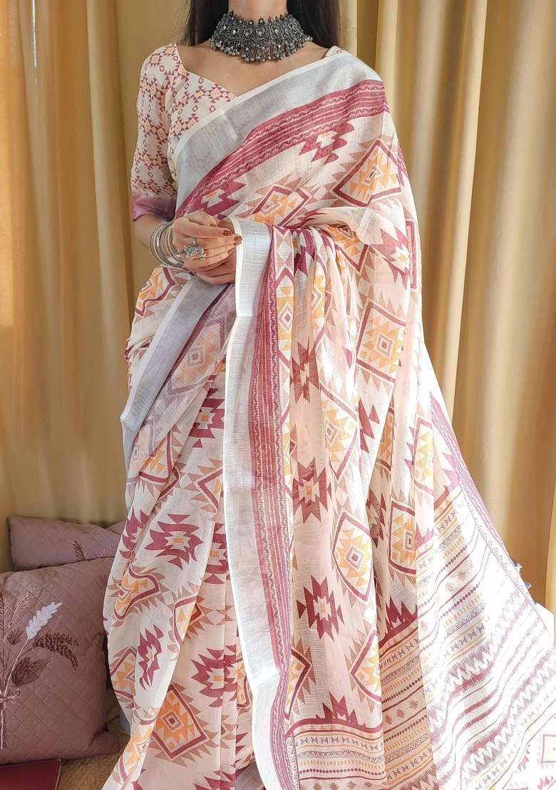 Pink Printed Cotton Linen Saree Set - Indya