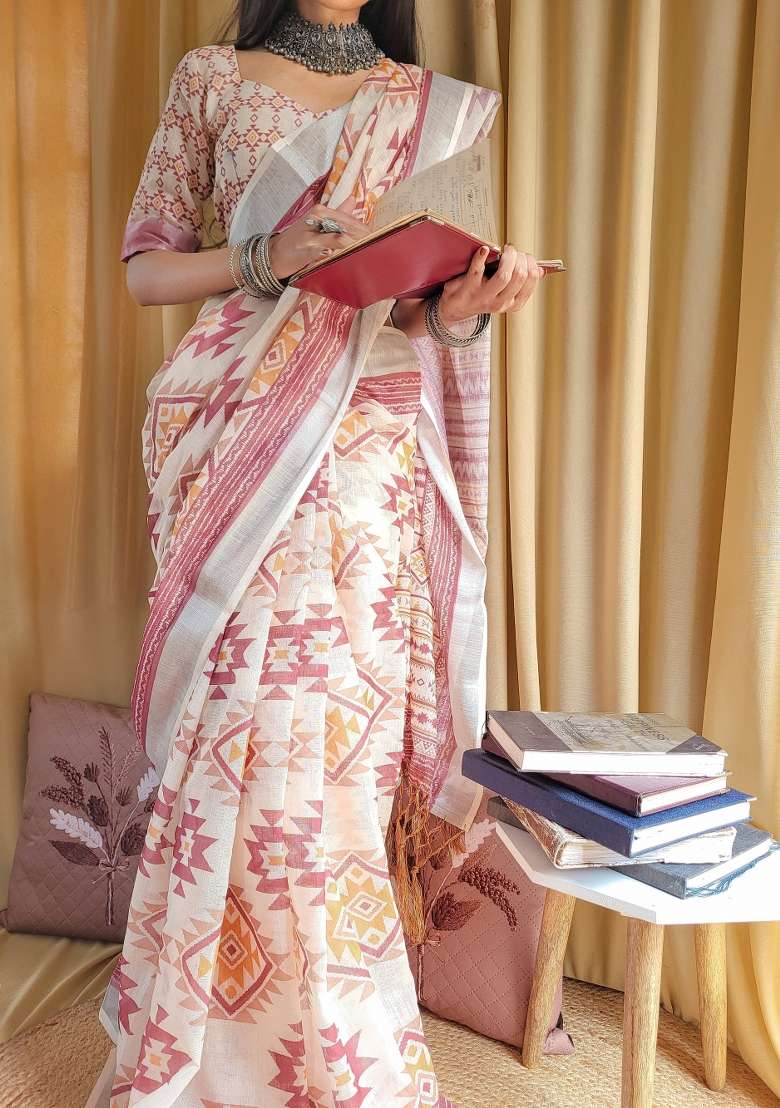 Pink Printed Cotton Linen Saree Set - Indya