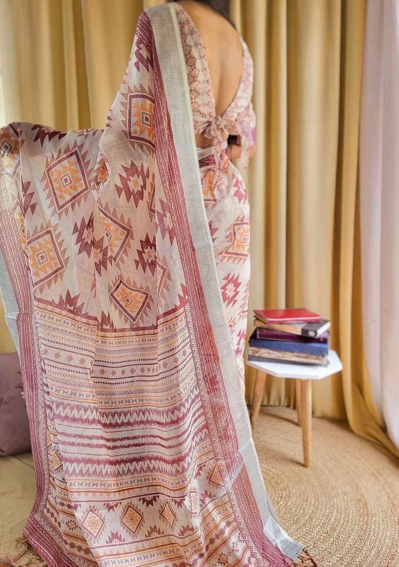 Pink Printed Cotton Linen Saree Set - Indya