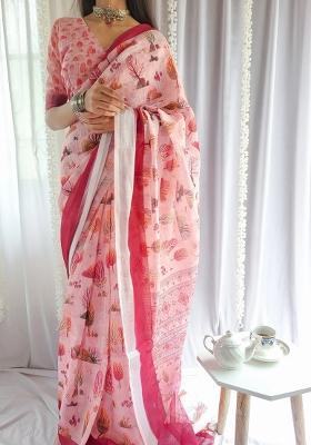 Beige Printed Cotton Linen Saree Set