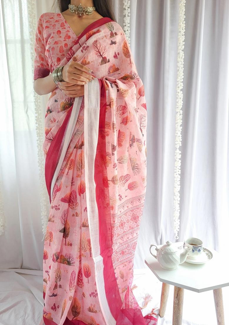 Beige Printed Cotton Linen Saree Set