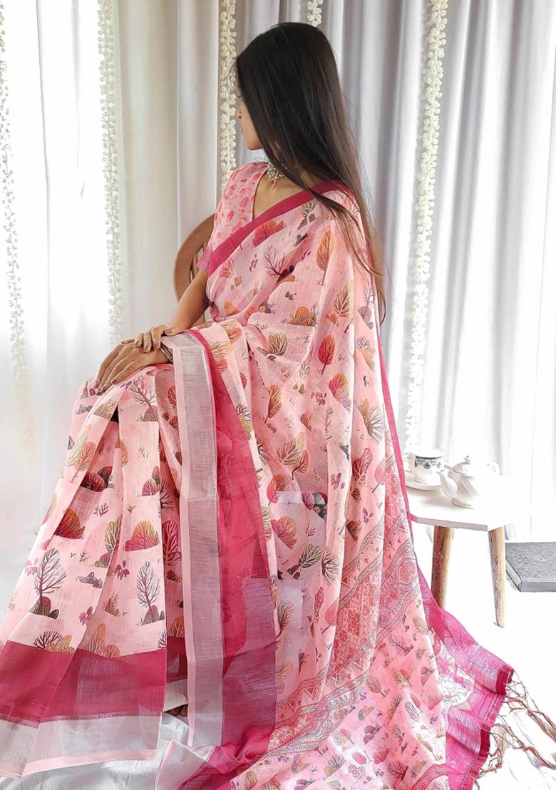 Beige Printed Cotton Linen Saree Set