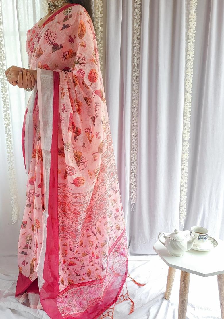 Beige Printed Cotton Linen Saree Set