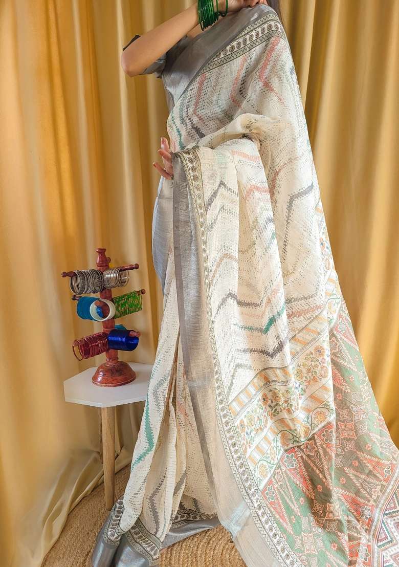 Brown Printed Cotton Linen Saree Set - Indya
