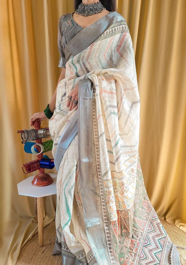 Brown Printed Cotton Linen Saree Set - Indya