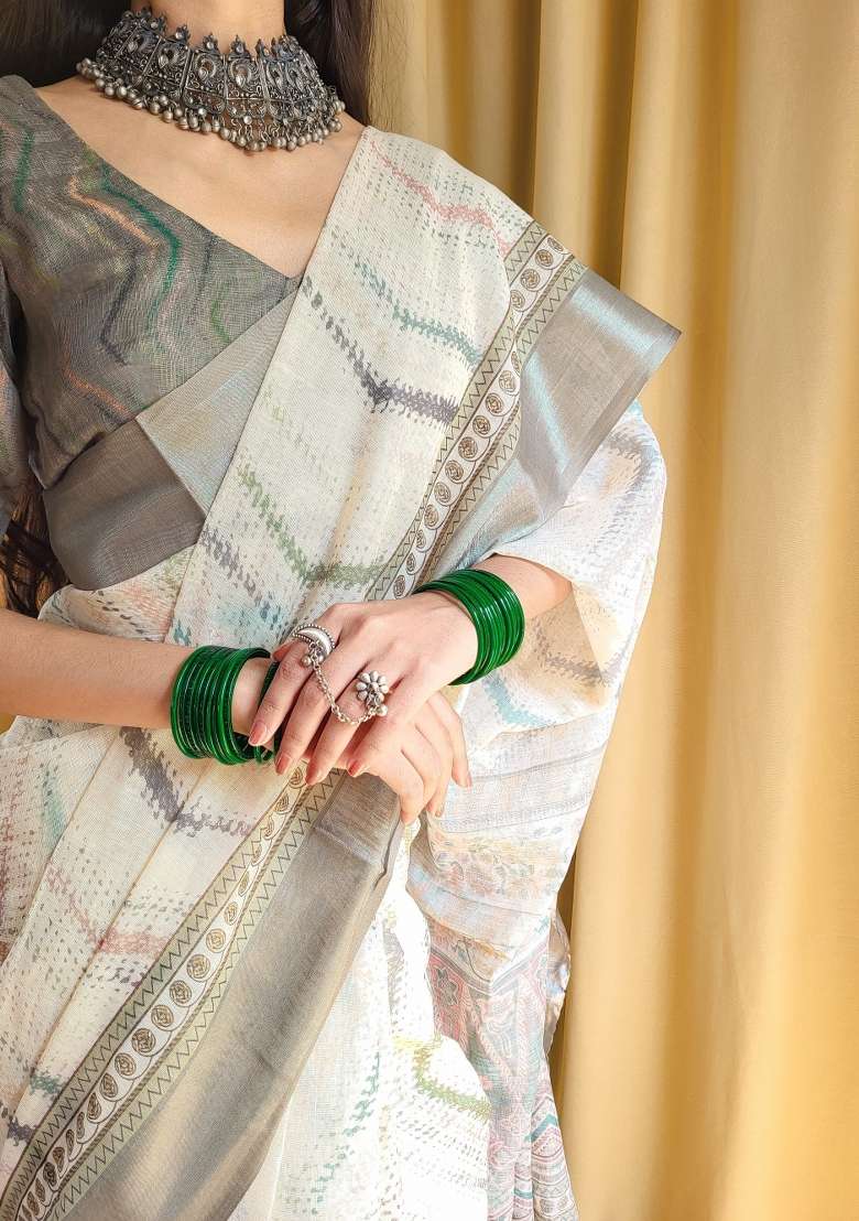 Brown Printed Cotton Linen Saree Set - Indya