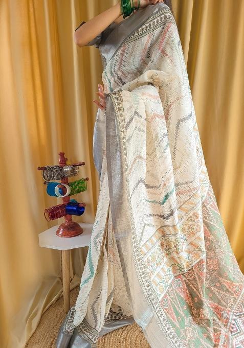 Brown Printed Cotton Linen Saree Set
