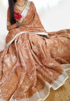 Blue Printed Cotton Linen Saree Set