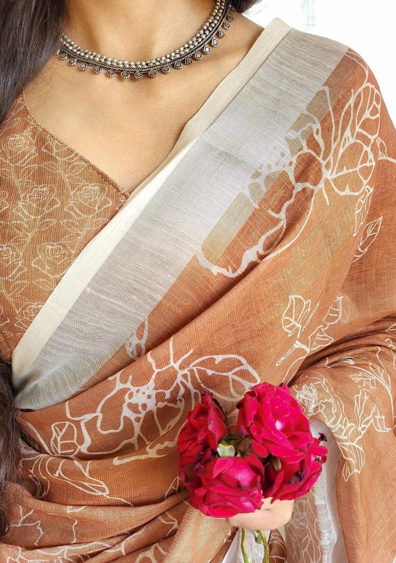 Blue Printed Cotton Linen Saree Set - Indya