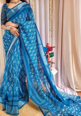 Blue Printed Cotton Linen Saree Set