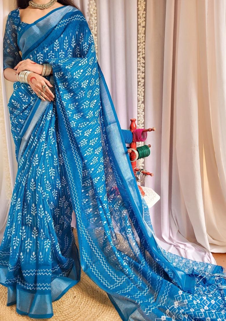 Blue Printed Cotton Linen Saree Set