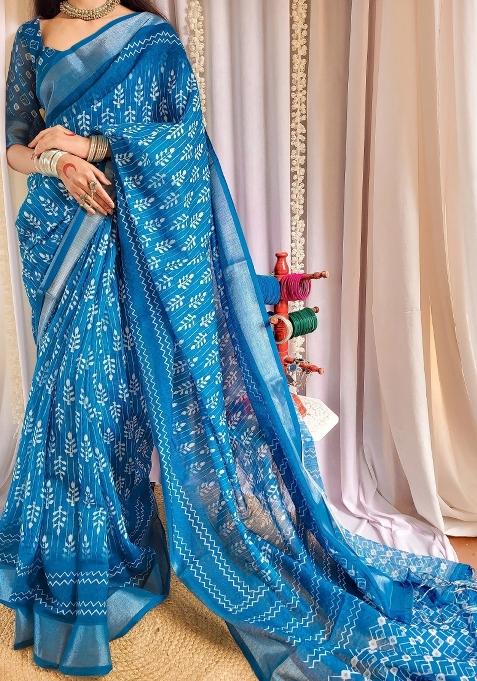 Blue Printed Cotton Linen Saree Set