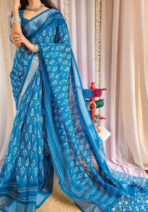 Blue Printed Cotton Linen Saree Set