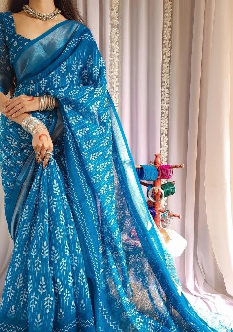Blue Printed Cotton Linen Saree Set