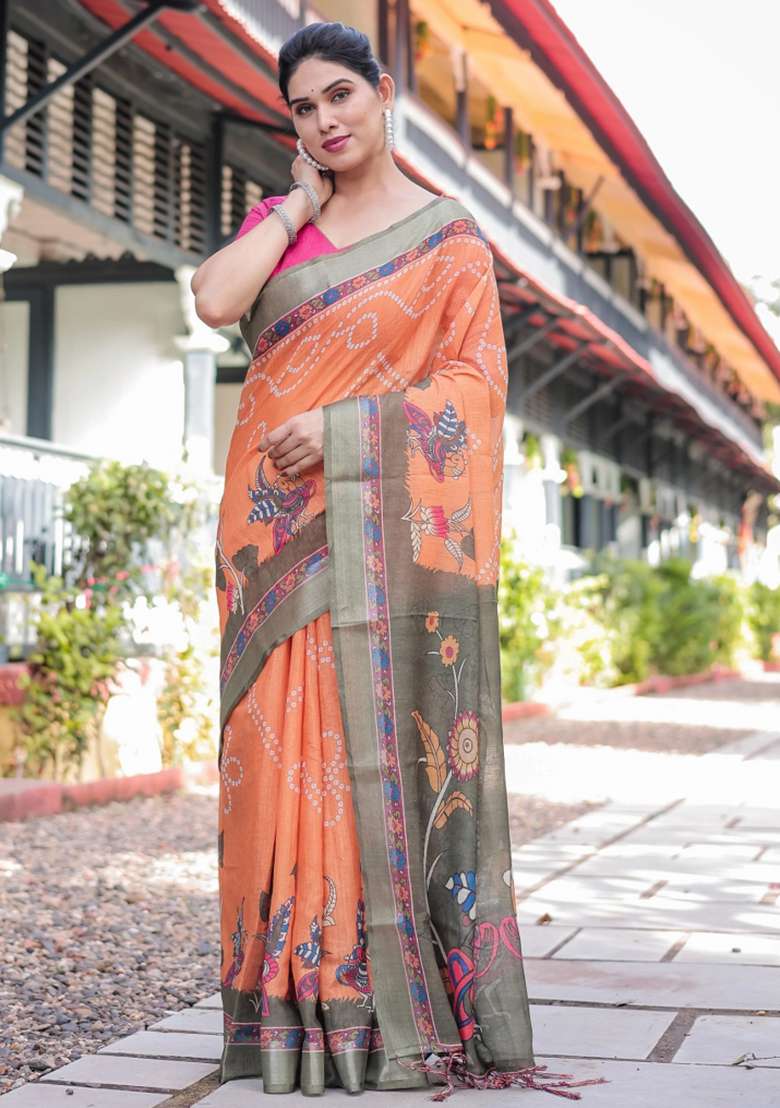 Orange Printed Cotton Linen Saree Set - Indya