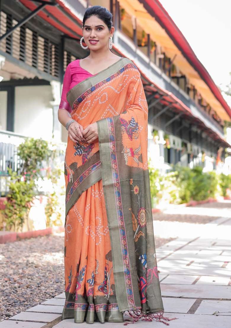 Orange Printed Cotton Linen Saree Set - Indya