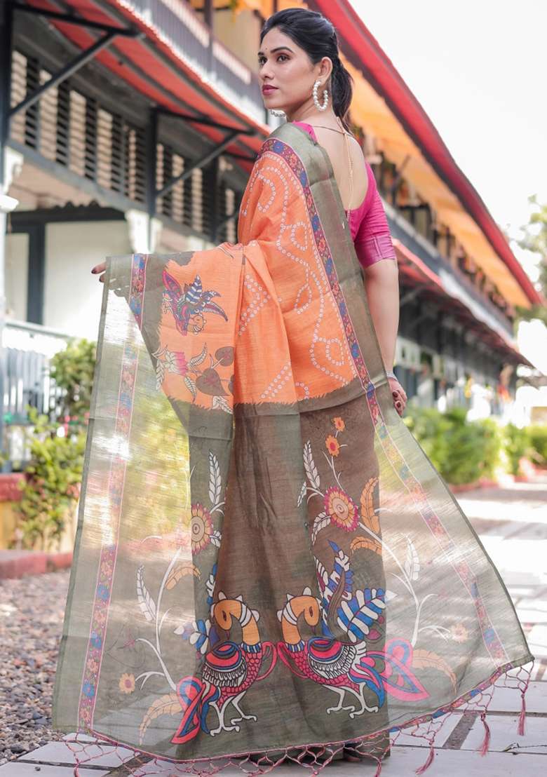 Orange Printed Cotton Linen Saree Set - Indya