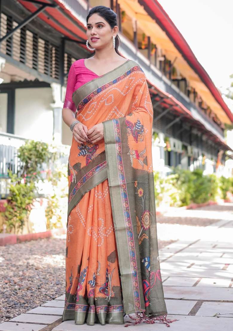 Orange Printed Cotton Linen Saree Set - Indya