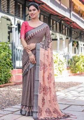Black Printed Cotton Linen Saree Set