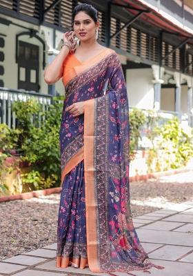Blue Printed Cotton Linen Saree Set
