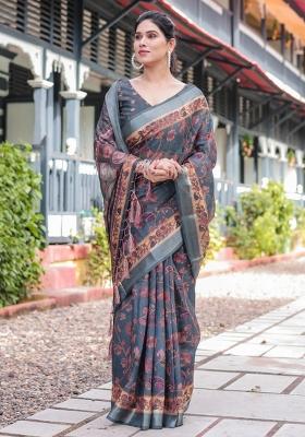 Grey Printed Cotton Linen Saree Set