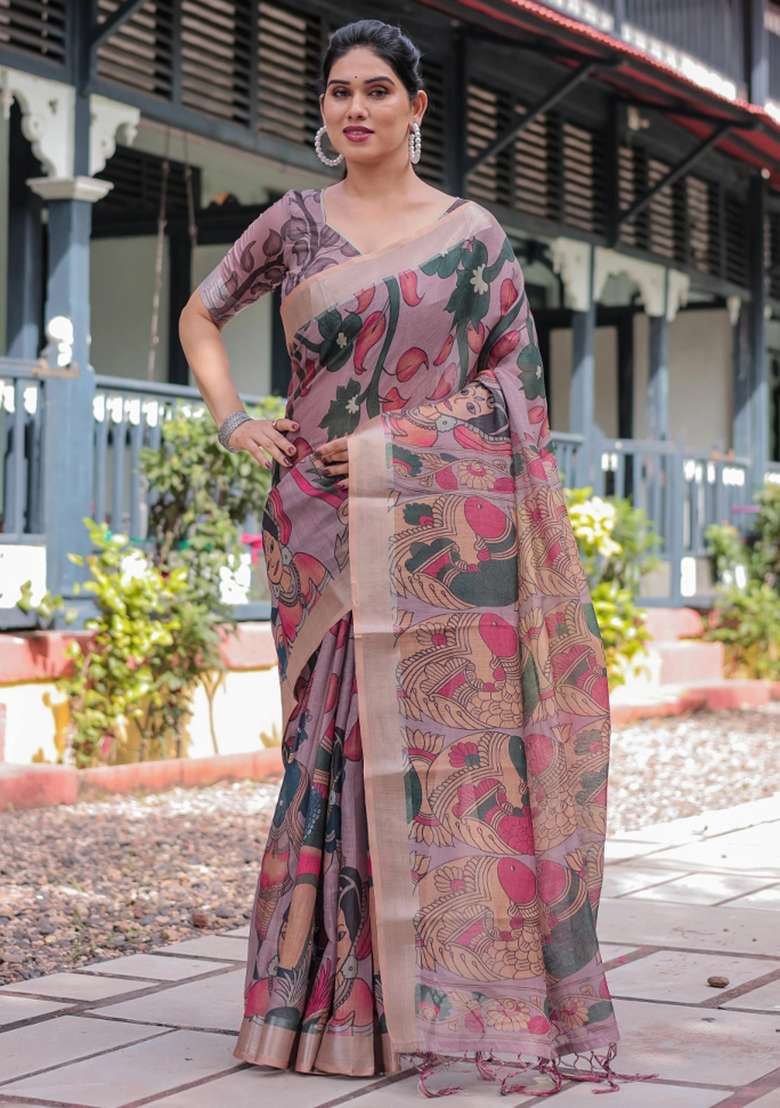 Peach Printed Cotton Linen Saree Set - Indya