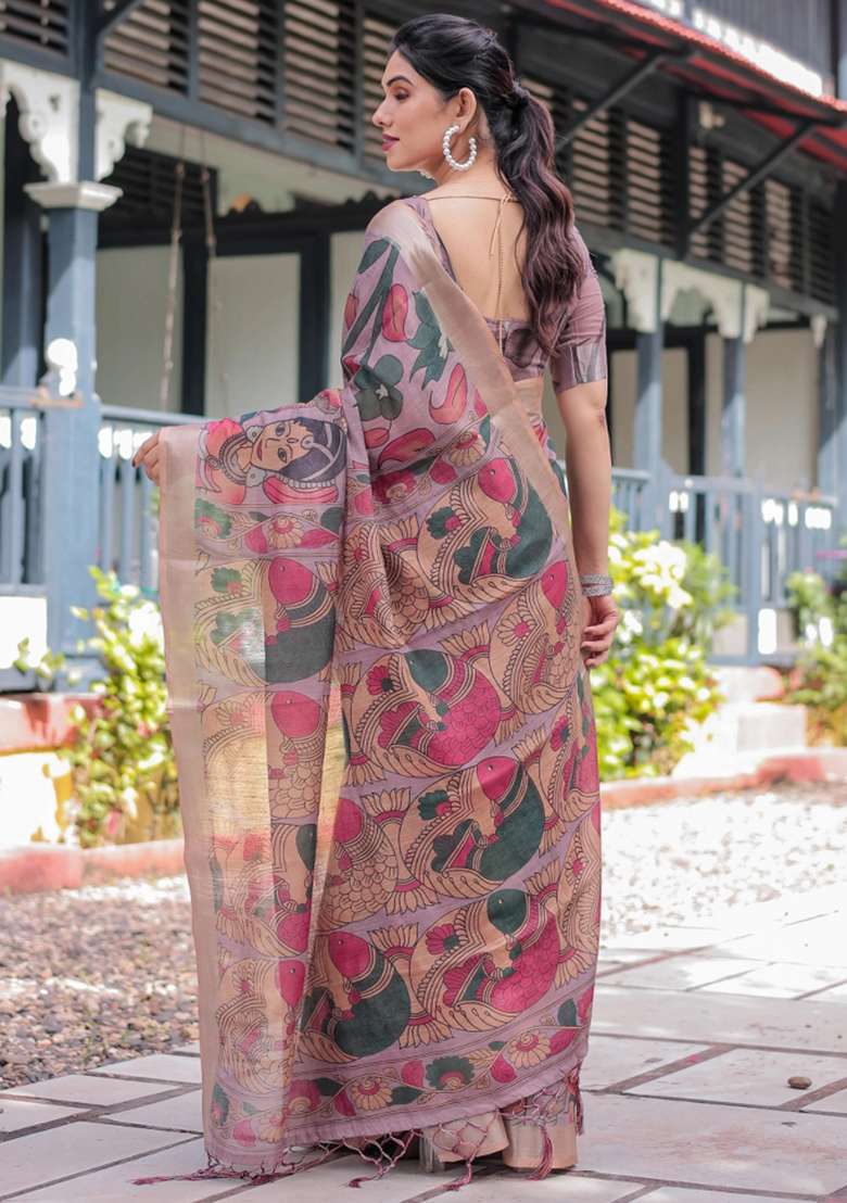Peach Printed Cotton Linen Saree Set - Indya