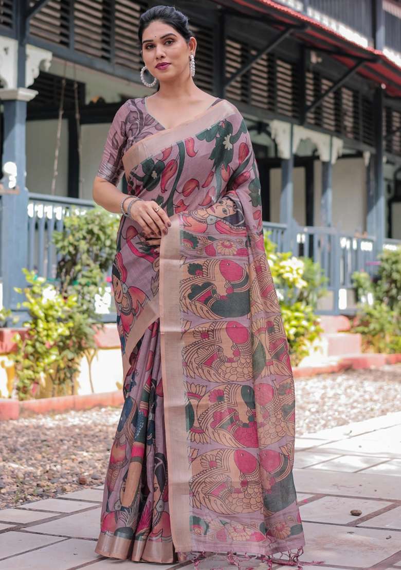 Peach Printed Cotton Linen Saree Set - Indya