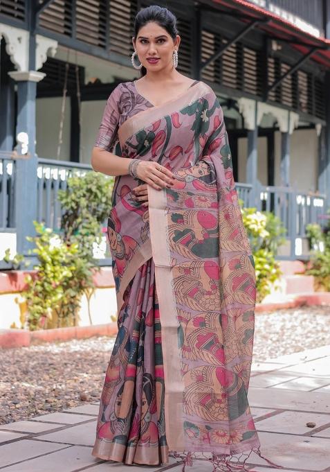 Peach Printed Cotton Linen Saree Set