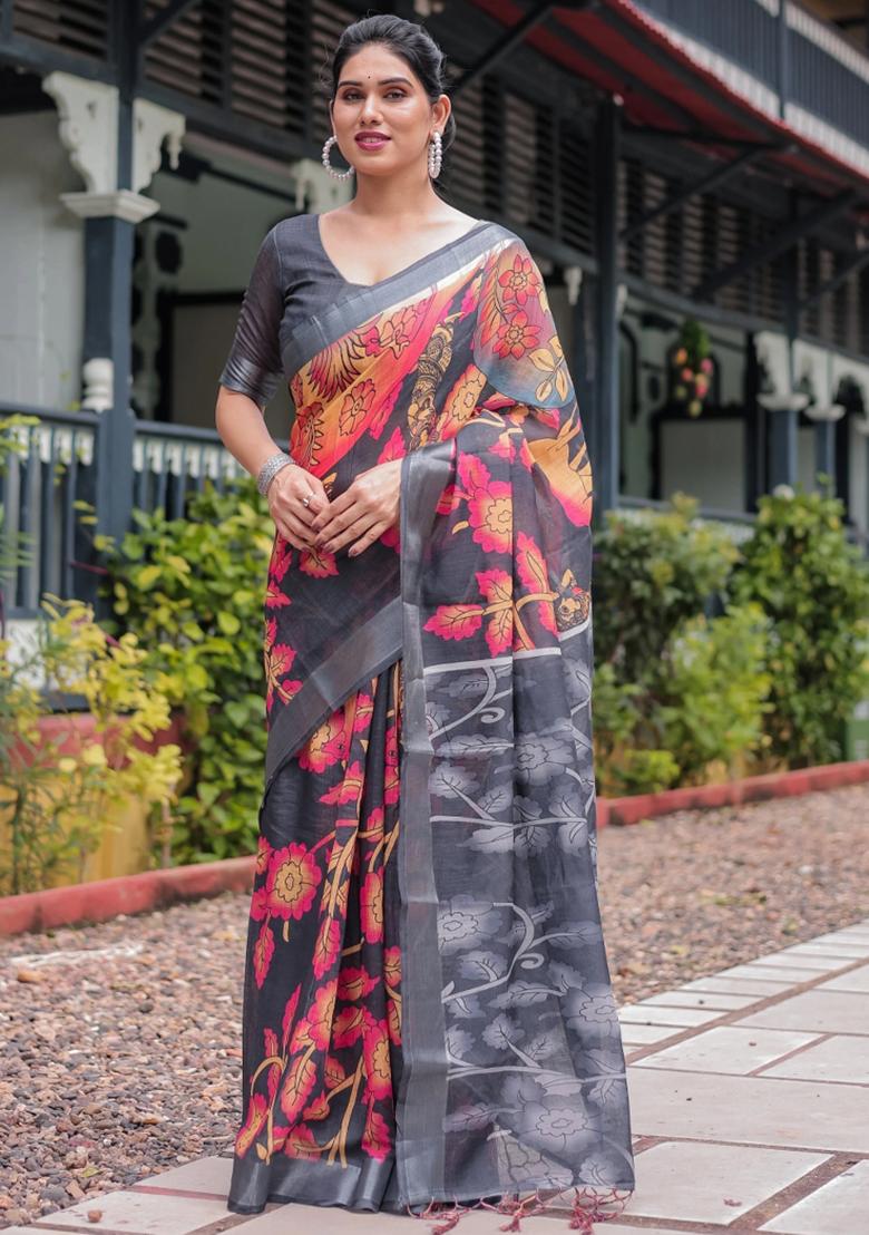 Multicolor Printed Cotton Linen Saree Set
