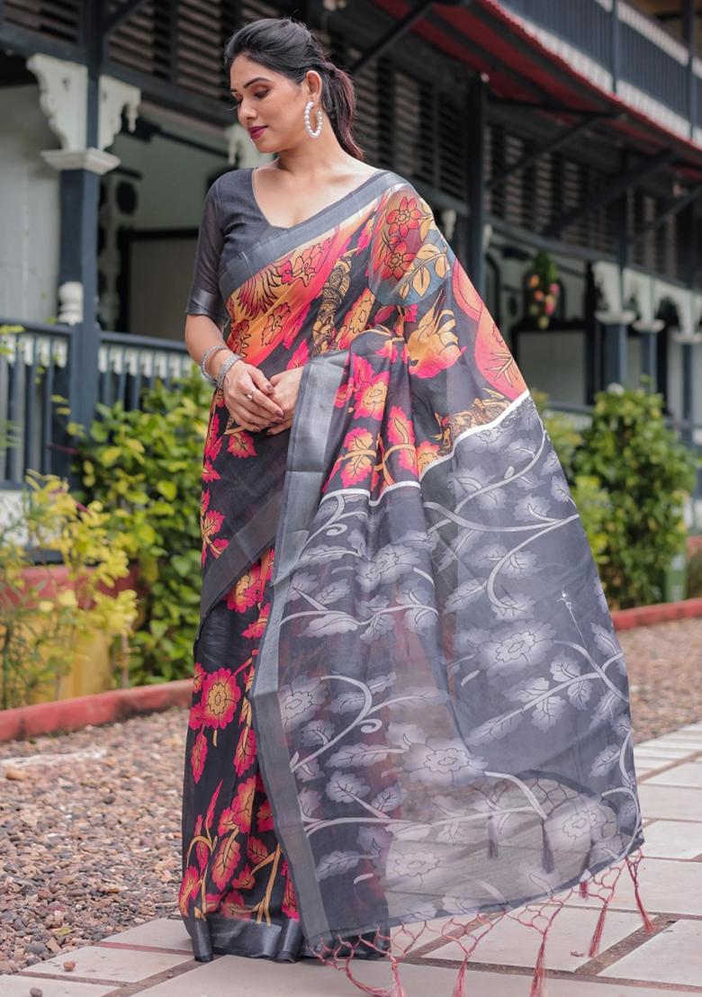 Multicolor Printed Cotton Linen Saree Set