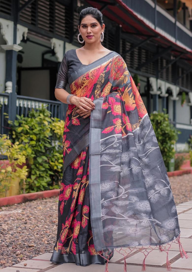Multicolor Printed Cotton Linen Saree Set
