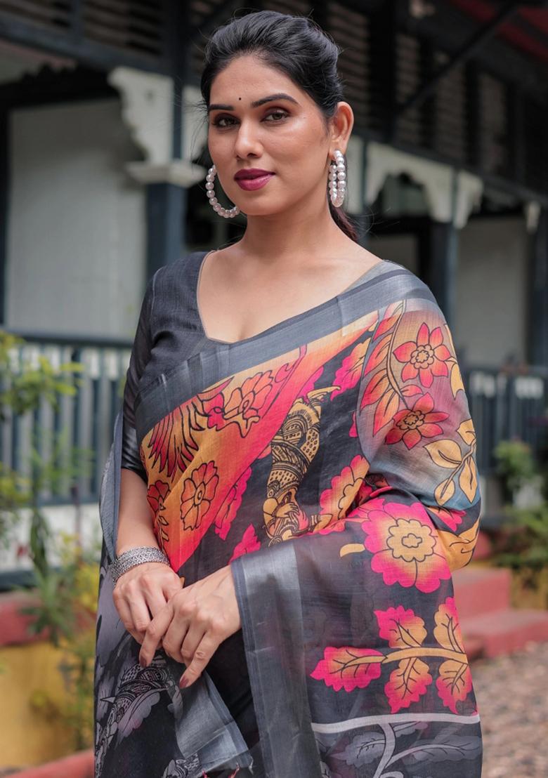 Multicolor Printed Cotton Linen Saree Set