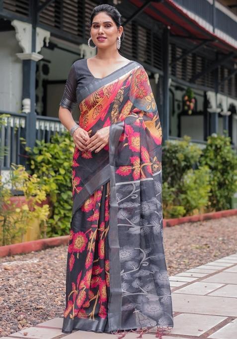 Multicolor Printed Cotton Linen Saree Set