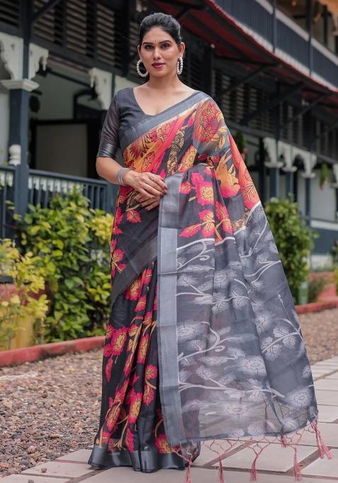 Multicolor Printed Cotton Linen Saree Set