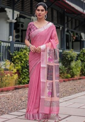 Pink Printed Cotton Linen Saree Set