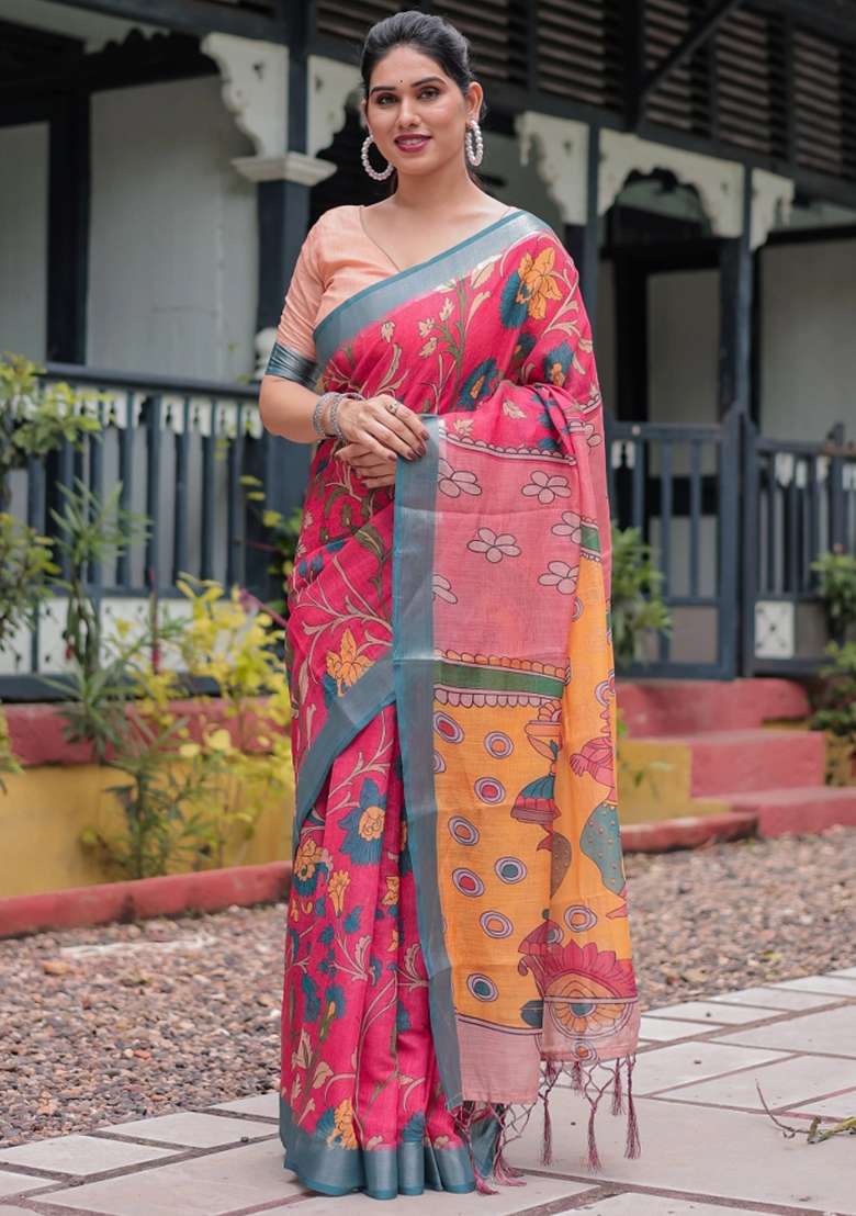 Pink Printed Cotton Linen Saree Set - Indya