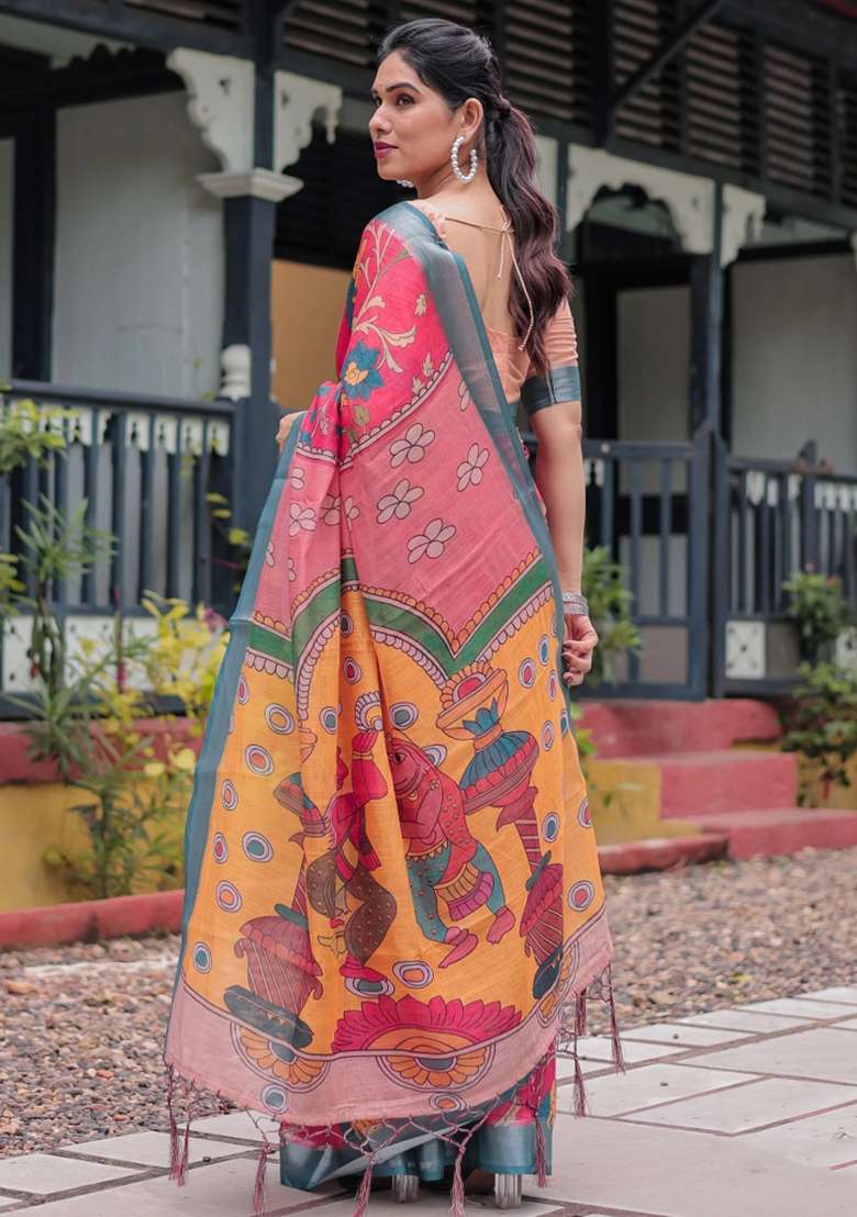 Pink Printed Cotton Linen Saree Set - Indya