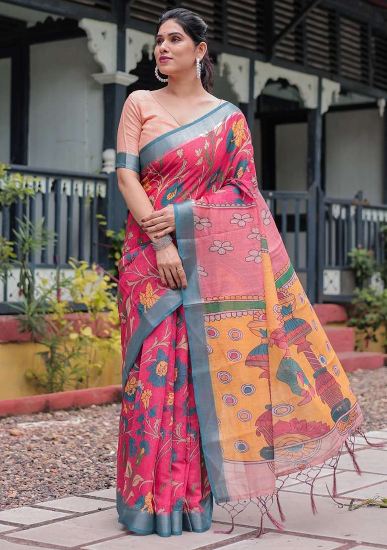 Pink Printed Cotton Linen Saree Set - Indya