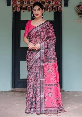 Black Printed Cotton Linen Saree Set