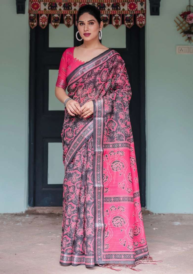 Black Printed Cotton Linen Saree Set - Indya